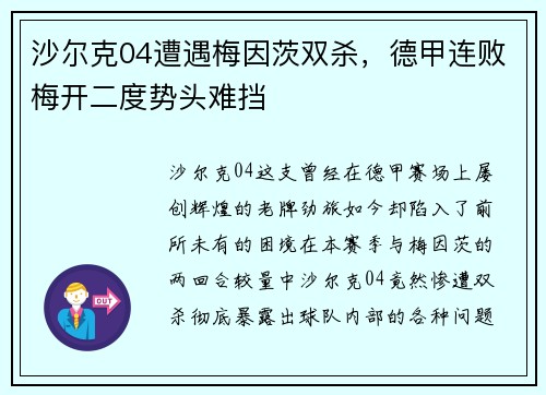 沙尔克04遭遇梅因茨双杀，德甲连败梅开二度势头难挡